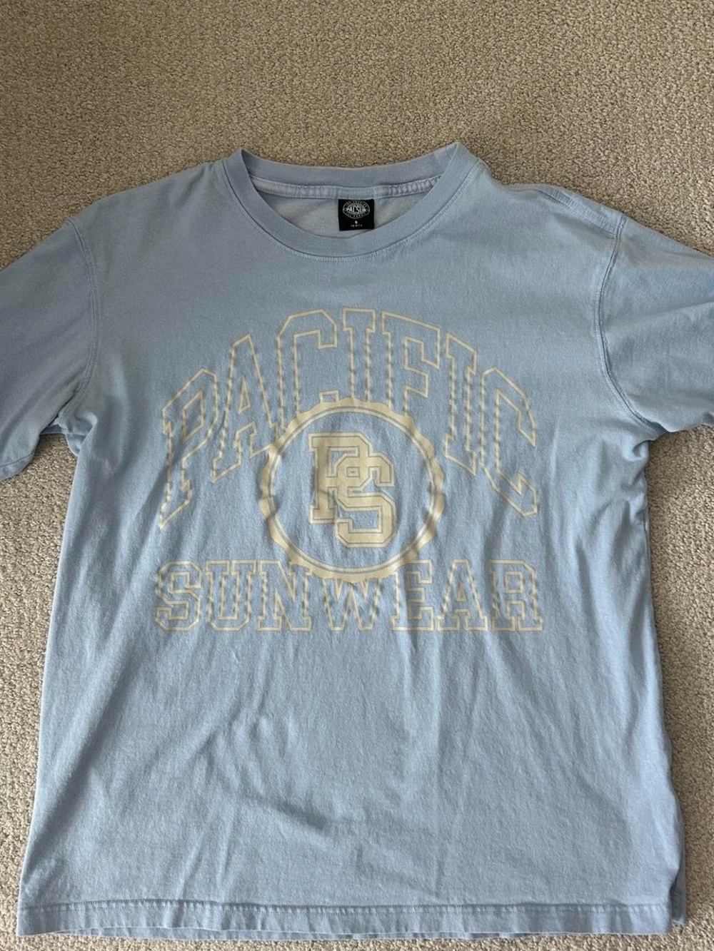PacSun Light Blue Short Sleeve Tee with Pale Yellow Logo oversized